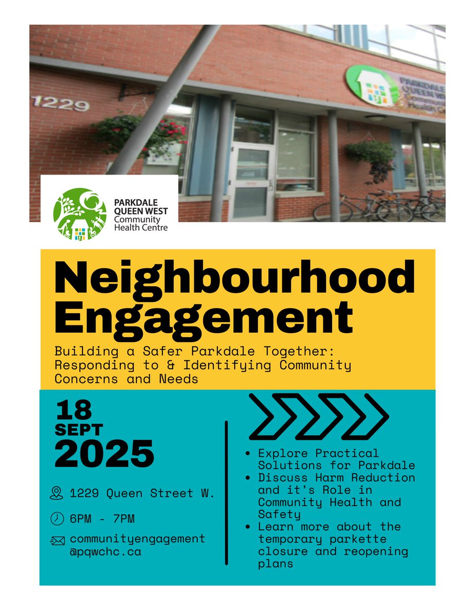 Neighbourhood Engagement: Responding to &amp; Identifying Community Concerns and Needs

- Date: September 18
- Location: 1229 Queen St West
- Time: 6:00 PM – 7:00 PM

All are welcome.
#CommunityMatters #NeighbourhoodEngagement #SaferTogether #PQWCHC