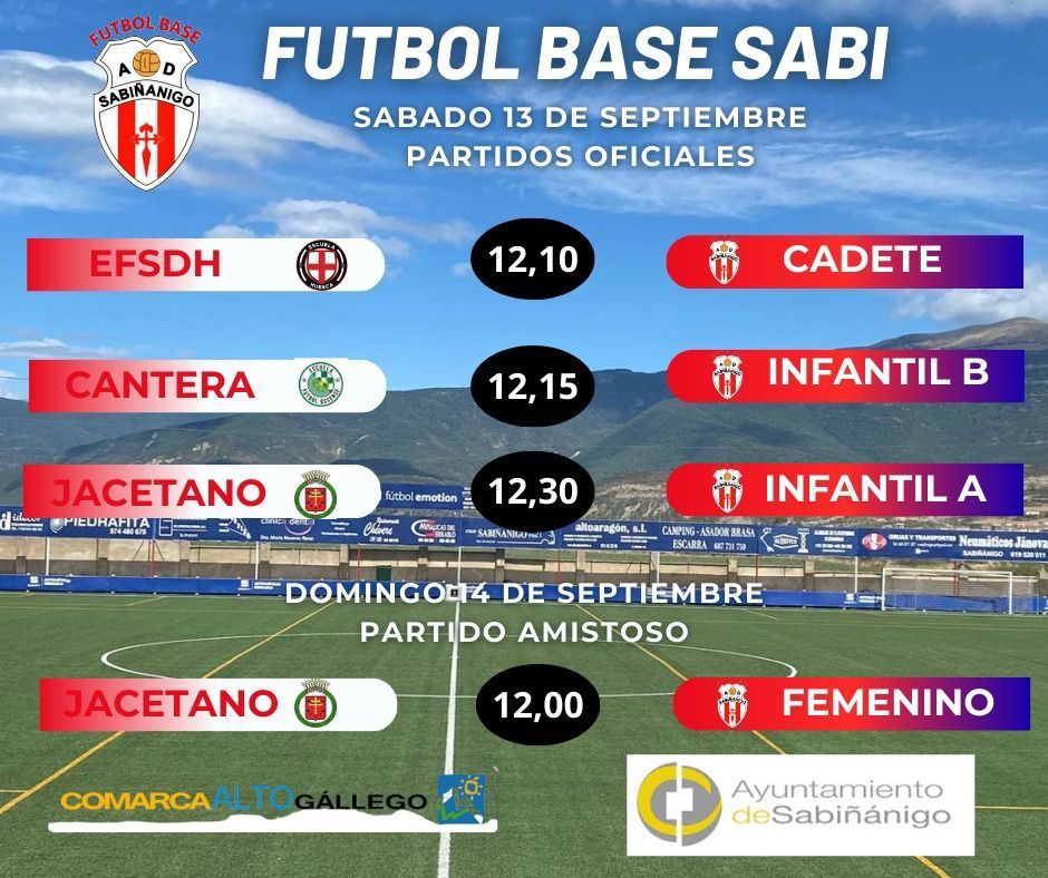 Casi no nos hemos olvidado de la final de temporada que ya empezamos los partidos oficiales del #FBS. Cadetes e infantiles empiezan la competición. El equipo femenino se estrena en campo de F11 con un amistoso contra el Jacetano.
¡Aúpa el Sabi!