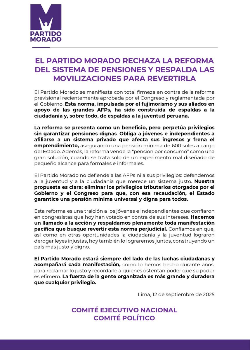 El Partido Morado rechaza la reforma previsional aprobada por el Congreso y el Gobierno, que obliga a jóvenes e independientes a un sistema injusto. Respaldamos las movilizaciones ciudadanas para revertirla y exigimos una pensión mínima universal y digna para todos.