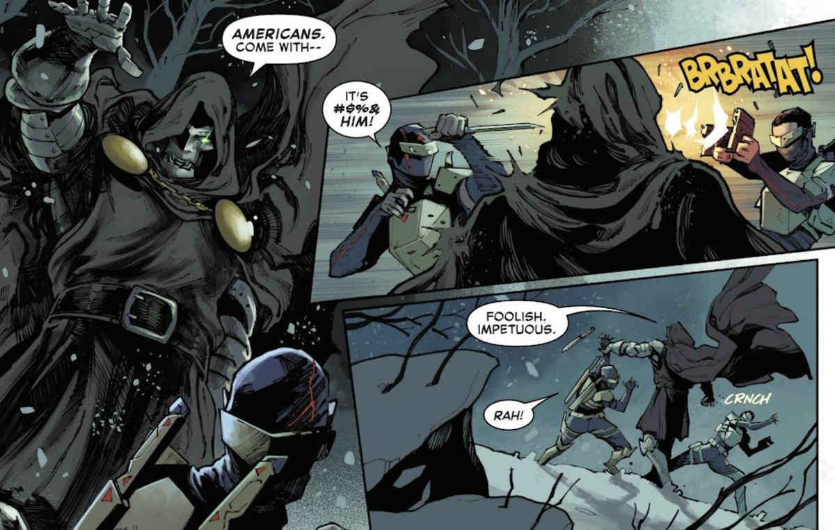 foeyeahboi's tweet image. schiti's take on doctor doom in zdarsky's captain america is TOO good. he brings such menace back to doom and his doombots. the eerie glowing eyes, the mask so sinisterly expressive, the monster out of a children's fairytale