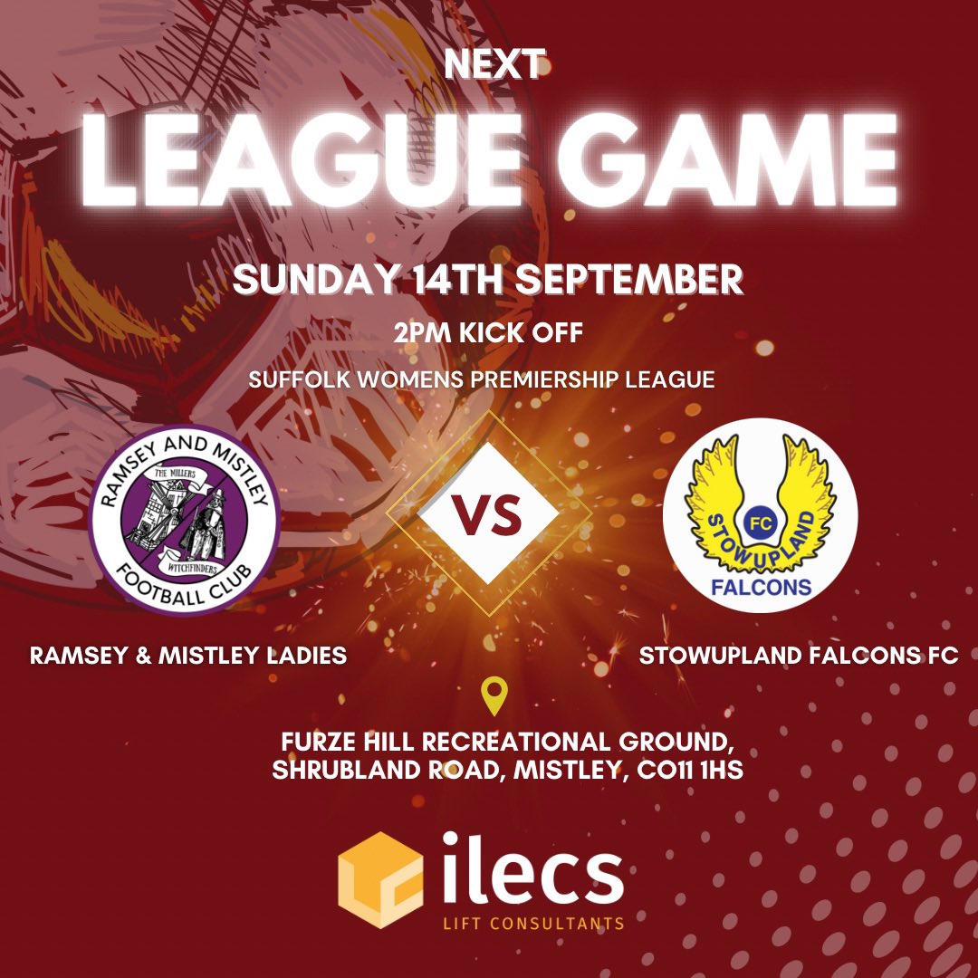 ⚽️FIRST LEAGUE GAME OF THE SEASON⚽️

🆚Stowupland Falcons FC
📍Furze Hill Recreational Ground, Shrubland Road, Mistley, CO11 1HS
⏰2pm KO
🏆Suffolk Womens Premiership League

Come and support us at home this Sunday for our first league game⚽️