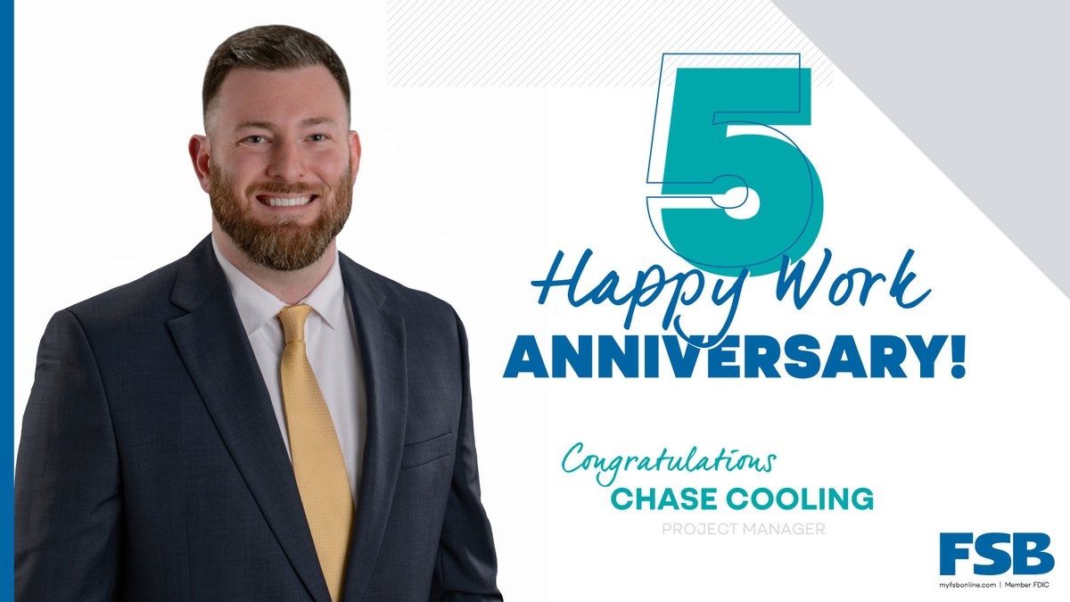 Congratulations to Chase Cooling on celebrating 5 years with FSB! As our Project Manager, Chase plays a key role in leading and supporting important initiatives across the bank. We appreciate his hard work and dedication to our team and customers.