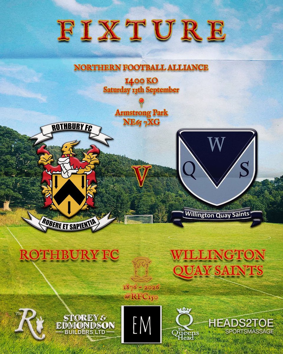 𝗙𝗜𝗫𝗧𝗨𝗥𝗘

<a href="/FCRothbury/">Rothbury Football Club</a> v <a href="/wqsaints/">WillingtonQuaySaints</a> 

We welcome Willington Quay Saints to Armstrong Park tomorrow.

𝗠𝗮𝘁𝗰𝗵 𝗦𝗽𝗼𝗻𝘀𝗼𝗿: Elsdon Memorials. Services from new memorials and name adds to all types of restoration work.

#TheHillmen #RFC150