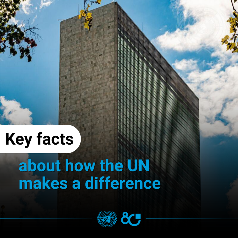 UN's tweet photo. For 80 years, the UN has been working to advance peace, dignity and equality for all on a healthy planet.

👉 Swipe to learn how the Organization is making a difference in the lives of people around the globe every day.
