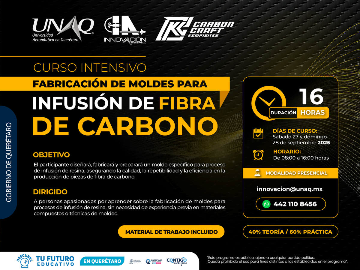Curso intensivo de Fabricación de moldes para Fibra de Carbono.

📍UNAQ
📆 27 y 28 de septiembre
⏰ 8:00 a 16:00 h
📨 innovacion@unaq.mx