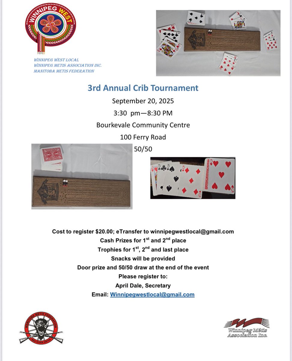 Bourkevale's tweet image. Winnipeg West Local chapter of the Métis Federation is hosting a crib tournament at BCC on September 20th! 

Check the photo for details and who to contact.