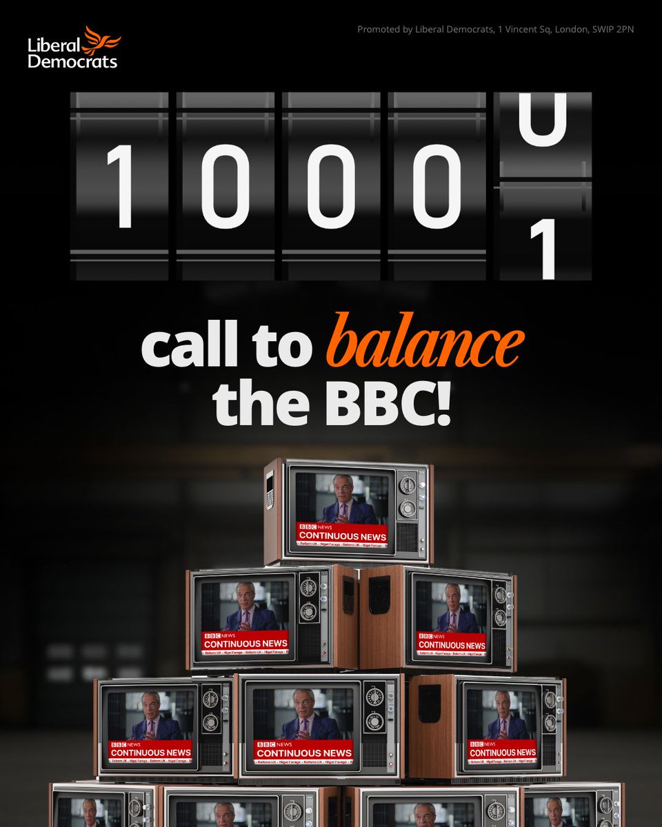 LibDems's tweet image. More and more people are backing our call to balance the BBC. 

Our national broadcaster should be fair and balanced, not a mouthpiece for Nigel Farage and his  4 MPs.
