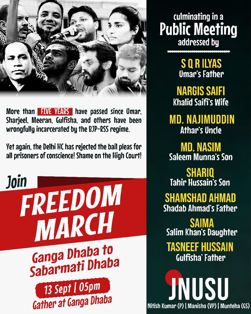 More than five years have passed since #UmarKhalid, #SharjeelImam, #Meeran, #Gulfisha, and others have been wrongfully incarcerated by the BJP-RSS regime.