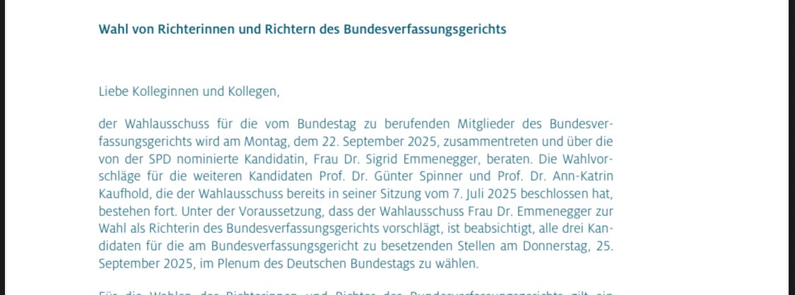 Jasper Bennink (@jaspbennink) on Twitter photo EIL: Richterwahlausschuss kommt am 22. September zusammen, die drei Verfassungsrichterinnen und -richter von <a href="/spdbt/">SPD-Fraktion im Bundestag</a> und <a href="/cducsubt/">CDU·CSU</a> sollen am 25. September im Plenum gewählt werden, teilt Steffen Bilger der Fraktion in einem Schreiben mit.
<a href="/POLITICOEurope/">POLITICOEurope</a> EIL: Richterwahlausschuss kommt am 22. September zusammen, die drei Verfassungsrichterinnen und -richter von <a href="/spdbt/">SPD-Fraktion im Bundestag</a> und <a href="/cducsubt/">CDU·CSU</a> sollen am 25. September im Plenum gewählt werden, teilt Steffen Bilger der Fraktion in einem Schreiben mit.
<a href="/POLITICOEurope/">POLITICOEurope</a>