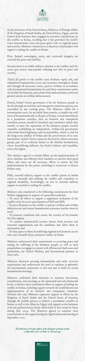 Joint Statement by the Quad: the Kingdom of Saudi Arabia, Egypt, the United Arab Emirates, and the United States of America on Restoring Peace and Security in Sudan.