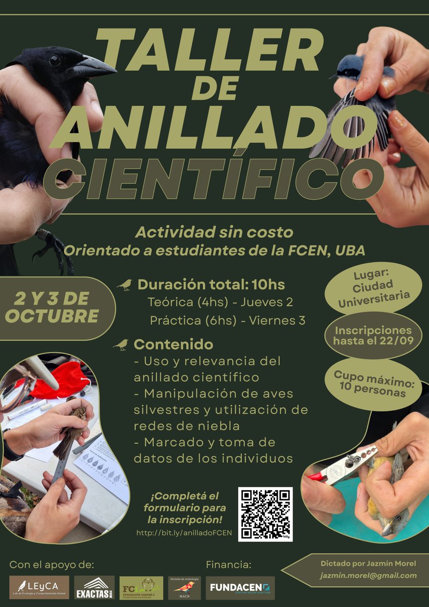 ¡Primer taller de anillado científico en la FCEN! 🪶
Una oportunidad para estudiantes de la facultad de aprender el valor y los fundamentos de la captura, la manipulación y el marcado de aves silvestres. 
Anotate en el siguiente link: bit.ly/anilladoFCEN
