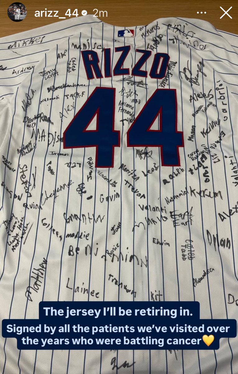 CubsZone's tweet image. Anthony Rizzo will be retiring in a Chicago Cubs jersey signed by all the patients he has visited over the years who have battled cancer 🥹
