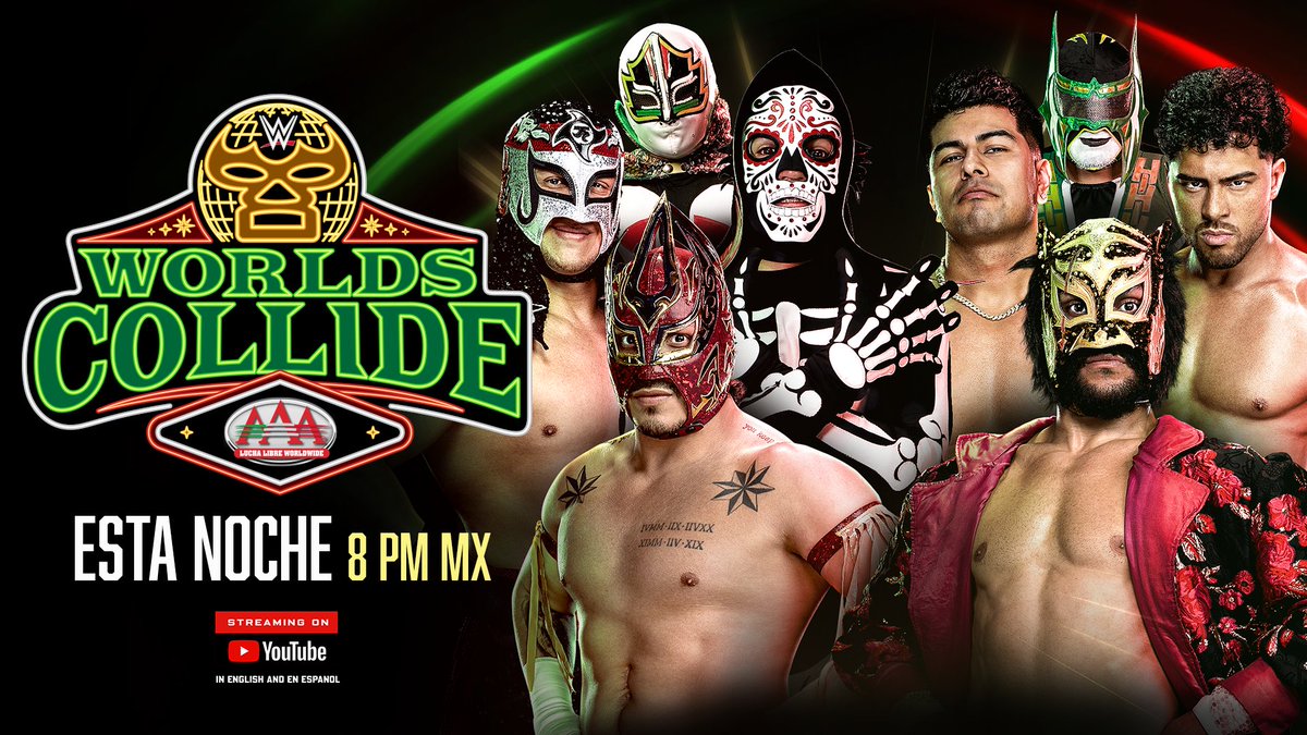 Esta noche en #WorldsCollide tendremos un combate imperdible con grandes  representantes de @luchalibreaaa enfrentando a #LWO, @LuchadorLD y Mini  Abismo Negro en vivo desde Las Vegas por YouTube y Facebook al terminar #, image size:1200x675