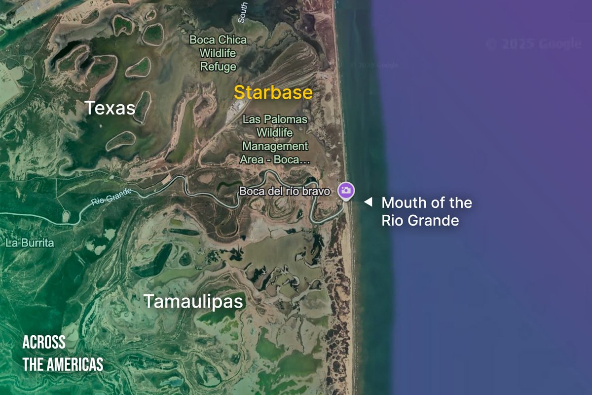 Here's a map showing just how close the SpaceX rocket facility Starbase is to Mexico. Take a look at how Texas beaches don't stop at the mouth of the Rio Grande. Same goes for the rest of the environment west. Groups in Mexico have begun to push back. Mexican president Sheinbaum