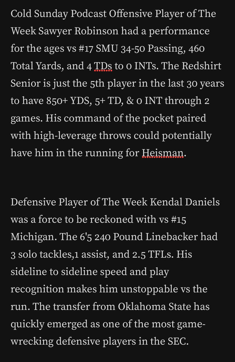 ColdSundayPod's tweet photo. Our #CFB week 2 defensive and offensive players of the week this week are Sawyer Robertson and Kendal Daniels. Both players led their teams to huge wins last weekend! 

#BoomerSooner 
#SicEm https://t.co/8imdaAhiHP