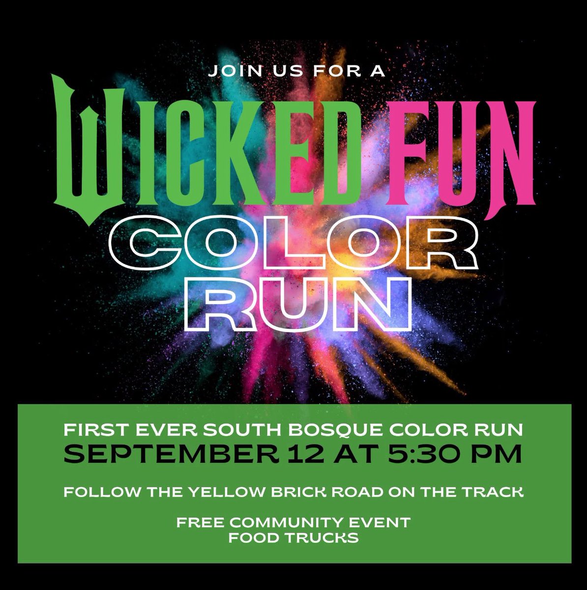 Join us tonight for our very first color run! Wear a white shirt and join us for fun! #theresnoplacelikesbe #southbosquepta