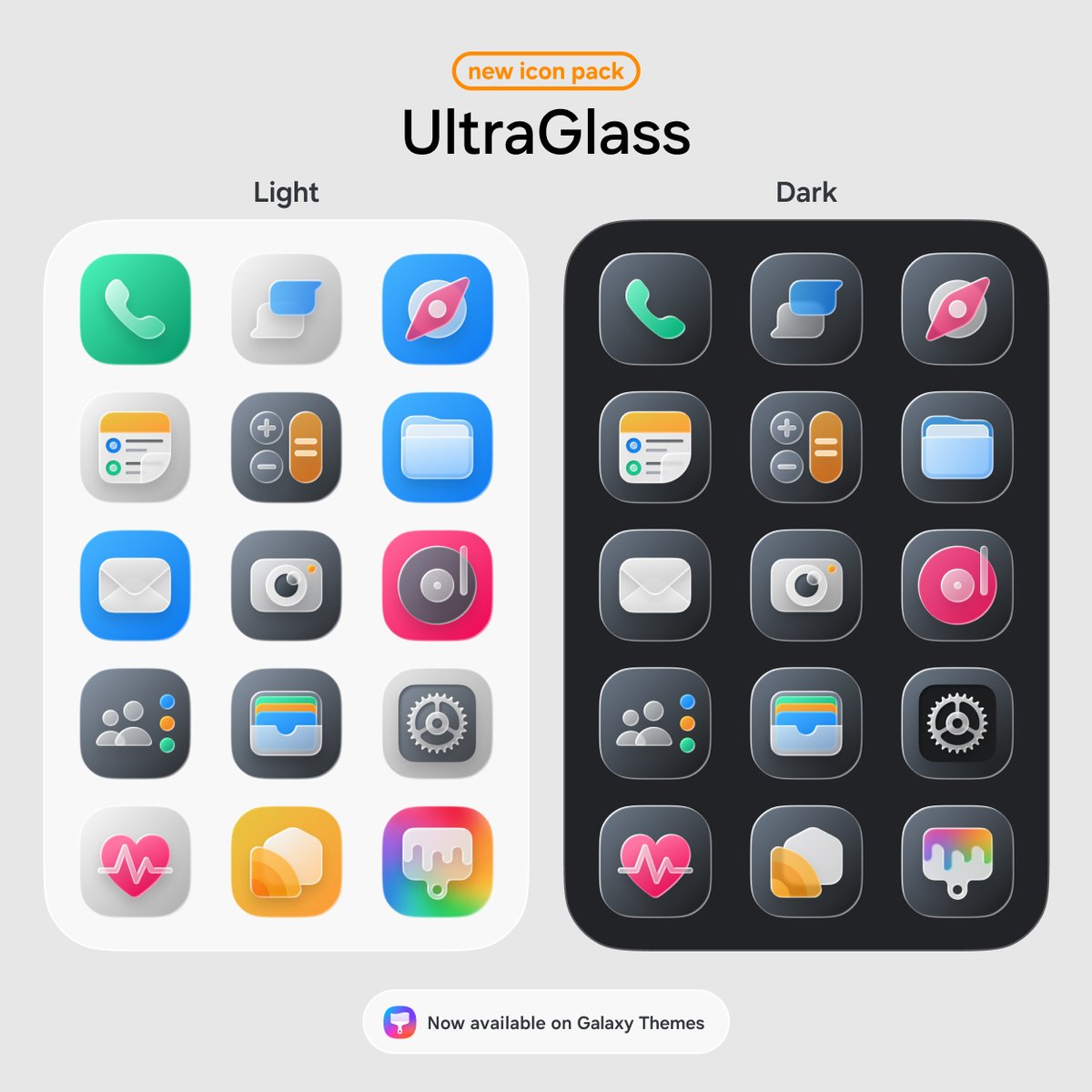 The light and dark icon packs of the UltraGlass theme are now available for download on the Samsung Galaxy Themes app 🎨

Don't forget to rate and comment on Galaxy Themes and follow me on social media ✨ linktr.ee/flthemes