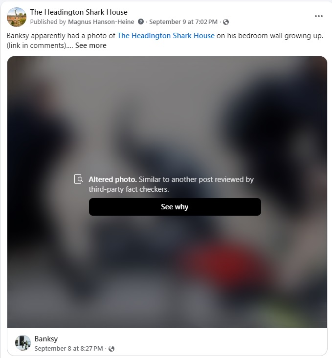 Facebook are now censoring the Banksy mural. Not sharing it to people's feeds and blurring it, because they claim that some were edited to include the English flag. This one wasn't. They are using this as an excuse to censor all of them. #Banksy #censorship #FreeSpeech