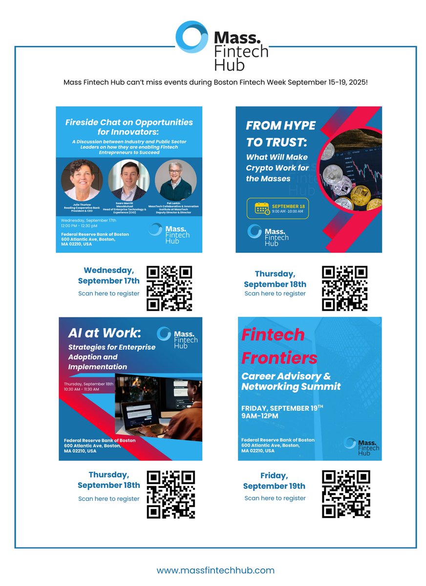 MassFintechHub's tweet image. The momentum is clear: the world is watching, and Massachusetts is not only strengthening its own fintech community but also shaping the global future of finance and innovation.

Check out the details below👇

#BostonFintechWeek #BFTW #InnovationinFintech #AI #Networking #Crypto