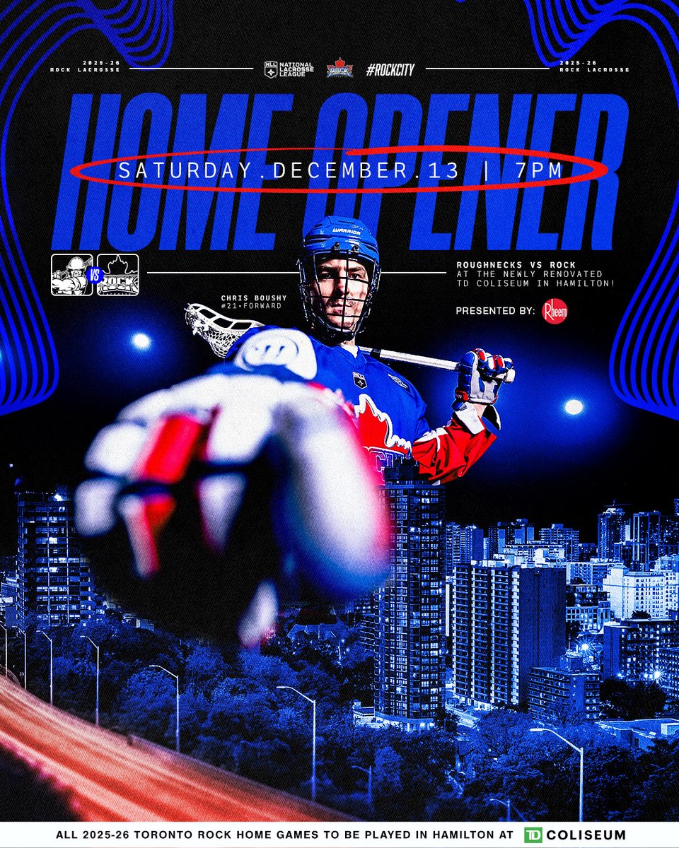 🚨HOME OPENER🚨

We are officially back at the newly renovated <a href="/TDColiseum/">TD Coliseum</a> in Hamilton for our Home Opener present by @Rheem on Saturday, December 13 vs. the <a href="/NLLRoughnecks/">Calgary Roughnecks</a>!  Full schedule coming 🔜

#RockCity🎸 #HomeOpener #Lacrosse #NLL #Lax #HamOnt