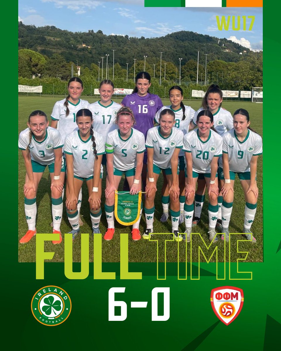 FT | A win for our WU17’s over North Macedonia with goals coming from Ellen Goggin, Ciara Milton, Abbie Duffy, Kassie McLoughlin, Tess Finn and an OG. 👏

Preparations underway for their final game on Sunday! ☘️

#COYGIG