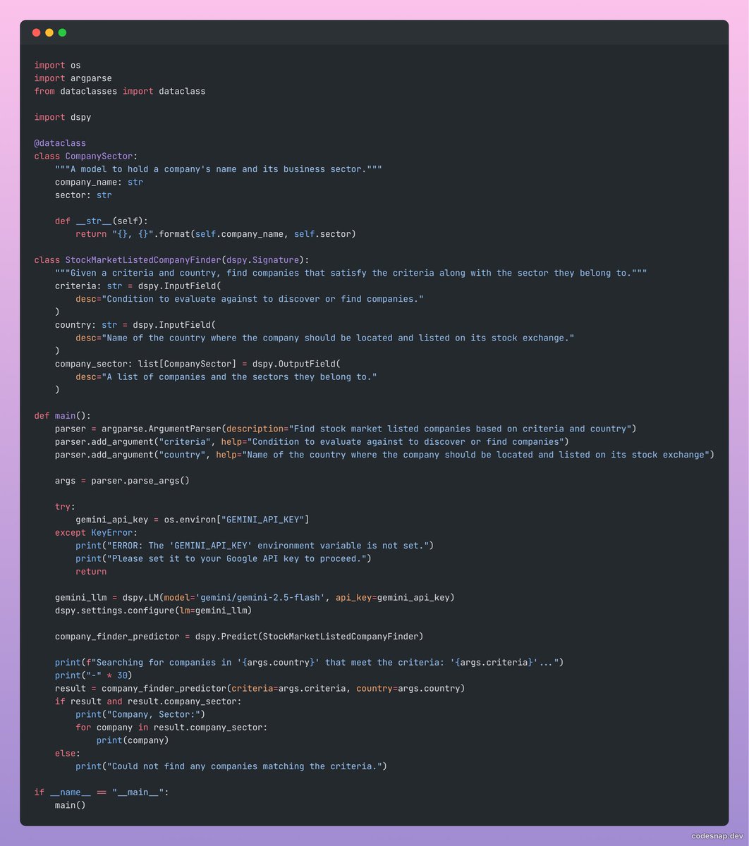 getpy's tweet image. Temporary #dspy script to regenerate LLM responses shown to users in a wealth management product where they allow users to discover companies against search criteria. Input from here goes into tool calling which hits their search index. Users complaining irrelevant companies are…