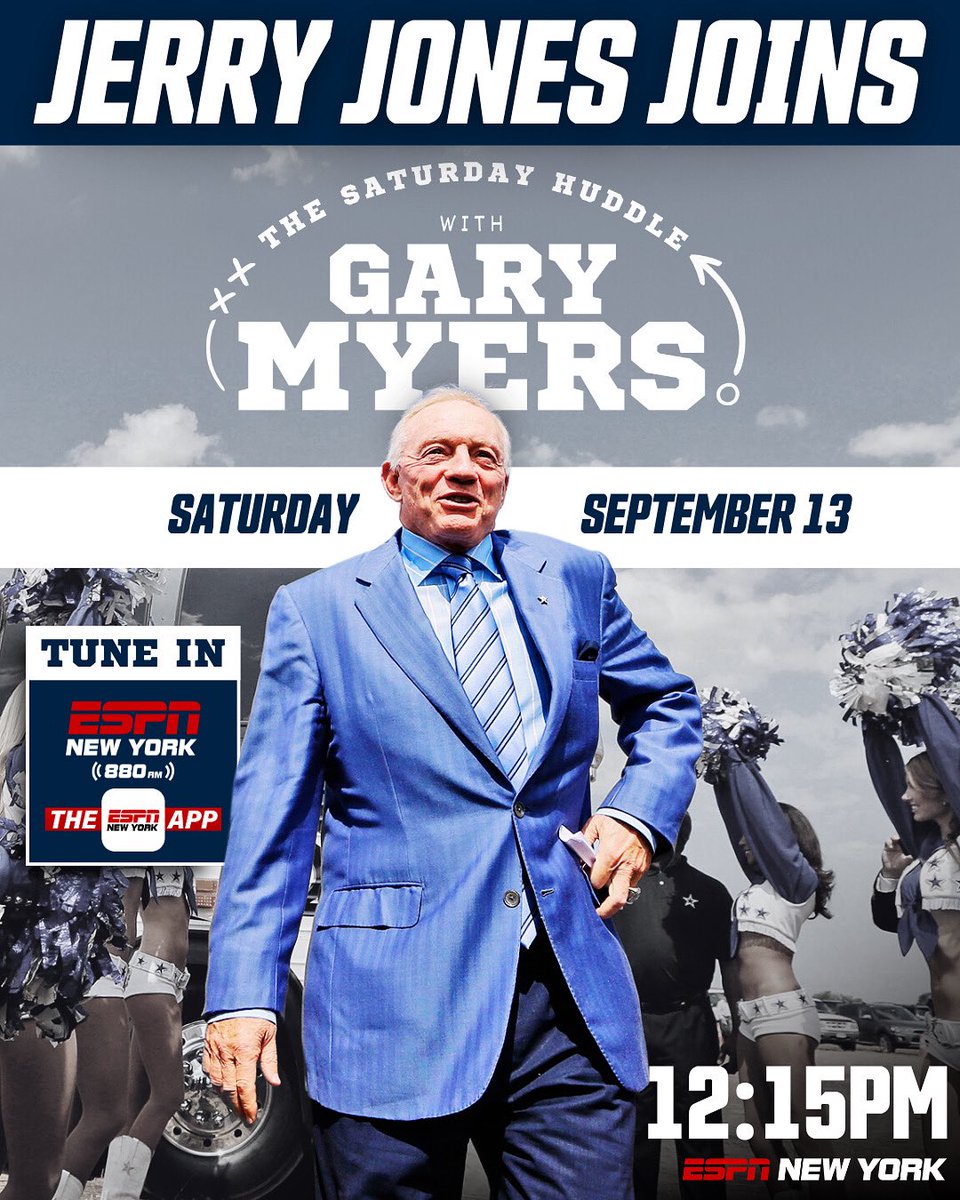 ESPN New York (@espnnewyork) on Twitter photo 🚨 TOMORROW at 12:15PM EST 👀
Jerry Jones joins The Saturday Huddle with <a href="/GaryMyersNY/">Gary Myers</a> to preview Sunday’s Cowboys-Giants matchup!
LISTEN HERE: bit.ly/ListenESPNNY, on <a href="/880ESPNNewYork/">880AM ESPN New York</a>, 101.1FM HD 2 or on the <a href="/ESPNNewYork/">ESPN New York</a> App!
DOWNLOAD THE APP HERE: goodkarma.qrd.by/espnny-app 🚨 TOMORROW at 12:15PM EST 👀
Jerry Jones joins The Saturday Huddle with <a href="/GaryMyersNY/">Gary Myers</a> to preview Sunday’s Cowboys-Giants matchup!
LISTEN HERE: bit.ly/ListenESPNNY, on <a href="/880ESPNNewYork/">880AM ESPN New York</a>, 101.1FM HD 2 or on the <a href="/ESPNNewYork/">ESPN New York</a> App!
DOWNLOAD THE APP HERE: goodkarma.qrd.by/espnny-app