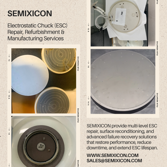 DiamondSemi's tweet photo. SEMIXICON –Electrostatic Chuck (ESC) Repair, Refurbishment &amp; Manufacturing Services
https://t.co/5PQIMoBrCk
#ESCrepairservices #ElectrostaticChuckRefurbishment #ESCpadregeneration #MCApadrepair #ESCwireRepair #ESCmaintenance #VacuumChuckRepair #AppliedMaterialsESC #LamResearchESC https://t.co/AOvlkFPyl1