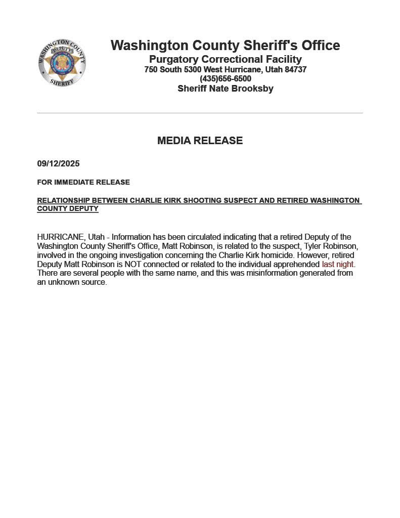 CONFIRMED FALSE - Tyler Robinson’s father is not/ was not affiliated with the Washington County Sheriff’s Office.

People are being lazy and rushing to conclusions because the first/ last name is common.
