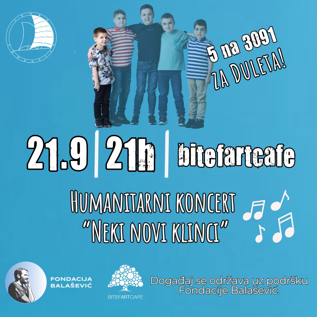 bluesbaba2's tweet image. Ако волите Балашевића и желите да помогнете Дулету, 5. дечаку са Дишеновом мишићном дистрофијом, дођите у @BitefArtCafe 21.септембра! Подсећам да су његови родитељи дали предност угроженијим дечацима, скупили смо паре за четворицу @FondacijaJedro 
Хвала за ретвит! 💙