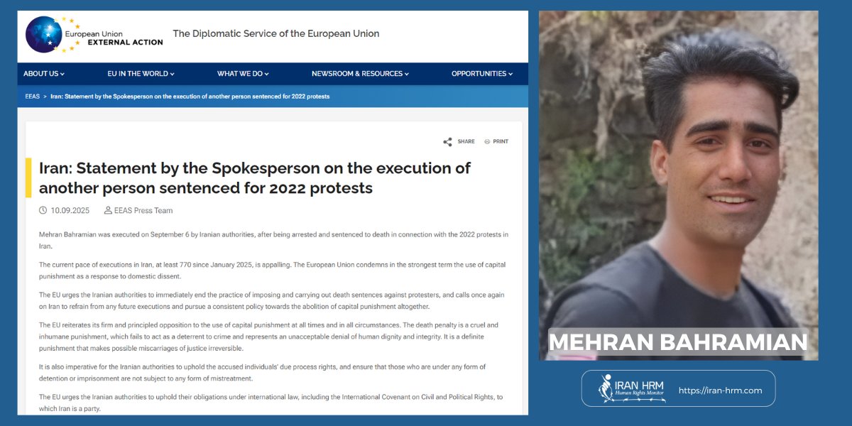 The EU condemns the execution of  Mehran Bahramian and the alarming pace of executions in Iran
It urges Tehran to end death sentences against protesters, uphold due process, and move towards abolition of the death penalty.
<a href="/eu_eeas/">European External Action Service - EEAS 🇪🇺</a> <a href="/ExtSpoxEU/">Anitta Hipper</a> <a href="/AnouarEUspox/">Anouar El Anouni 🇪🇺</a>
#StopExecutionsinIran