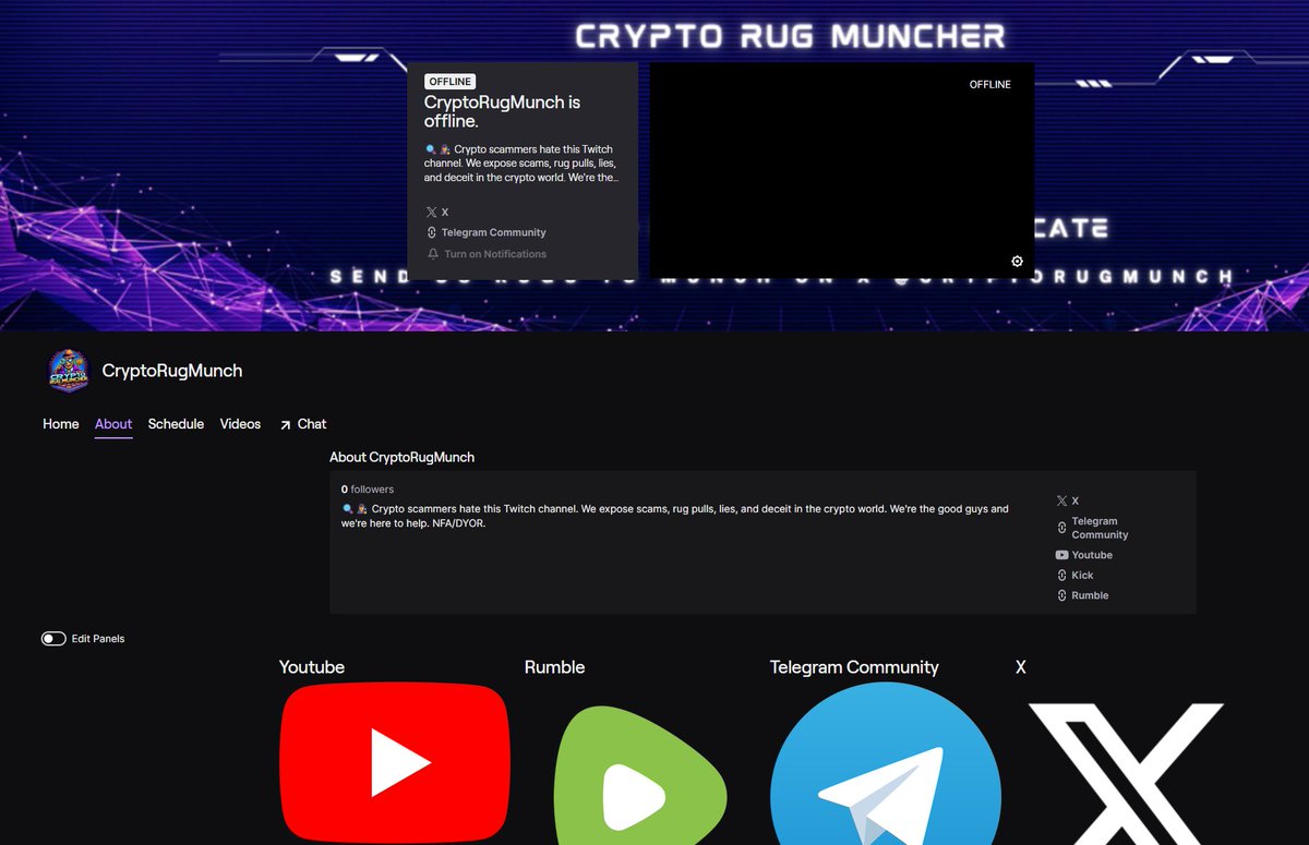 CryptoRugMunch's tweet image. The Ministry of Propaganda is live.

To broaden our reach and deepen our coverage in crypto, we’re launching additional social channels— YouTube, Twitch, Kick, and Rumble—where we’ll host broadcasts focused on educating the community about scams in the space.

Alongside our…