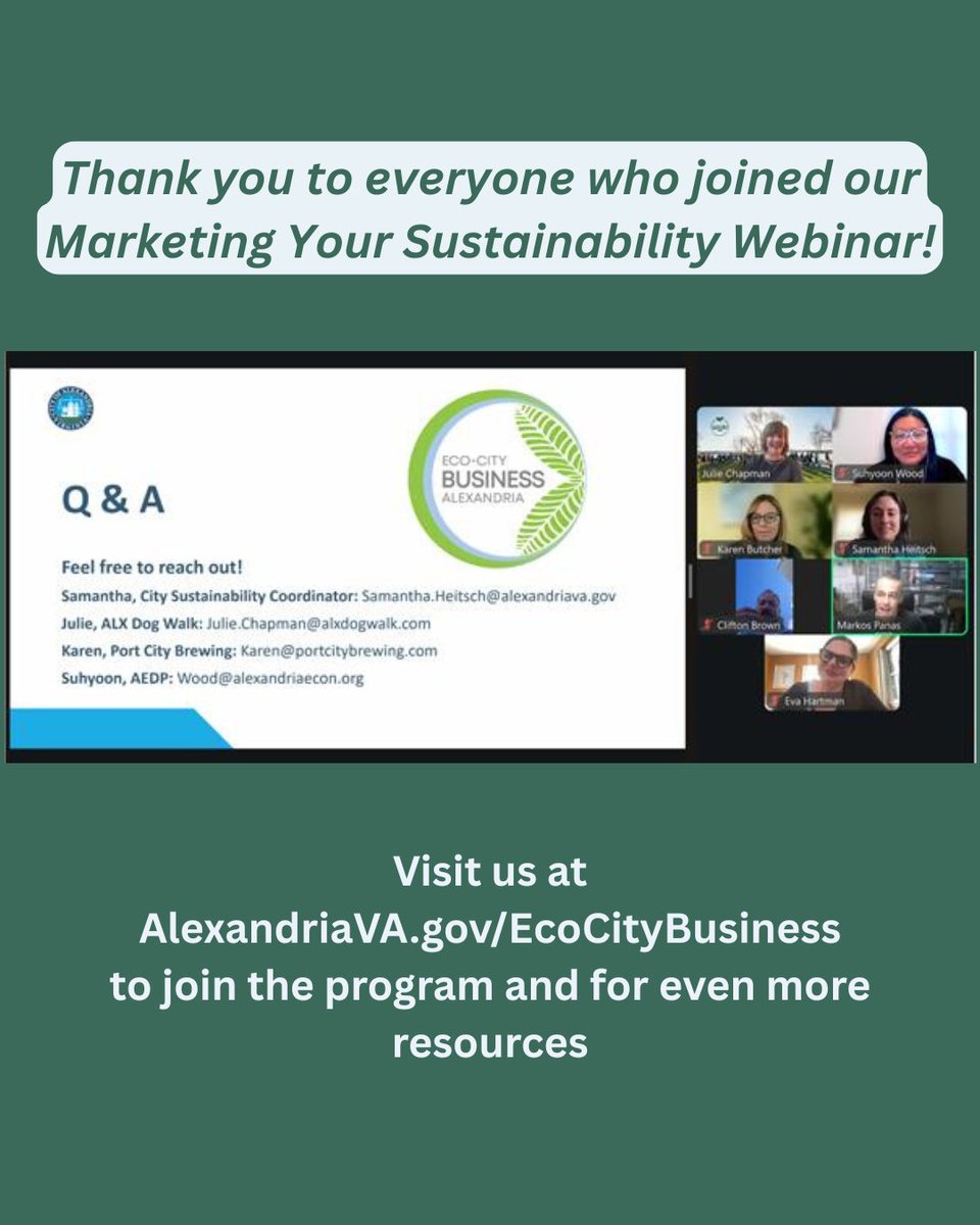 Eco-City Alexandria VA (@ecocityalx) on Twitter photo Did you know that the Eco-City Business program hosts interactive webinars? Yesterday, <a href="/ALXDogWalk/">ALX Dog Walk</a>, <a href="/PortCityBrew/">Port City Brewing Co</a>, and @alexandriaecon talked about how sustainability can be used to market your business. Join the Eco-City Business program for more info! AlexandriaVA.gov/EcoCityBusiness Did you know that the Eco-City Business program hosts interactive webinars? Yesterday, <a href="/ALXDogWalk/">ALX Dog Walk</a>, <a href="/PortCityBrew/">Port City Brewing Co</a>, and @alexandriaecon talked about how sustainability can be used to market your business. Join the Eco-City Business program for more info! AlexandriaVA.gov/EcoCityBusiness