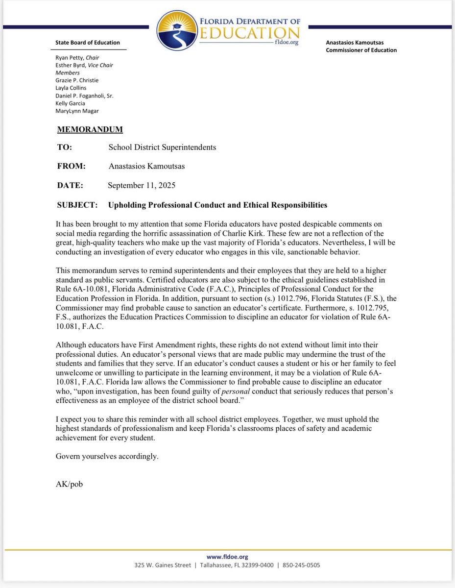 Friendly reminder to my Florida teaching friends. Be so careful about what you post online. Don’t lose your job over a social media post! However you feel about <a href="/charliekirk11/">Charlie Kirk</a> is it worth losing your job over it?