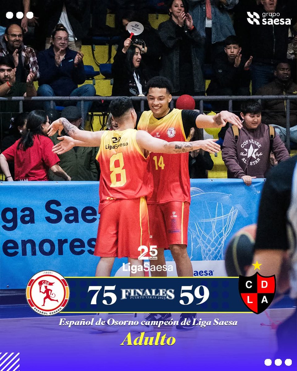 Lo que dejó Liga Saesa en sus 25 años:
Adultos, campeón Español de Osorno.
U 17, Campeón Alemán de Puerto Varas.
U 15, Campeón, Alemán de Puerto Varas.
U 13, Campeón, Las Ánimas de Valdivia.
Campeón Copa Liga Saesa: Alemán de Puerto Varas.
@chiloedeportes