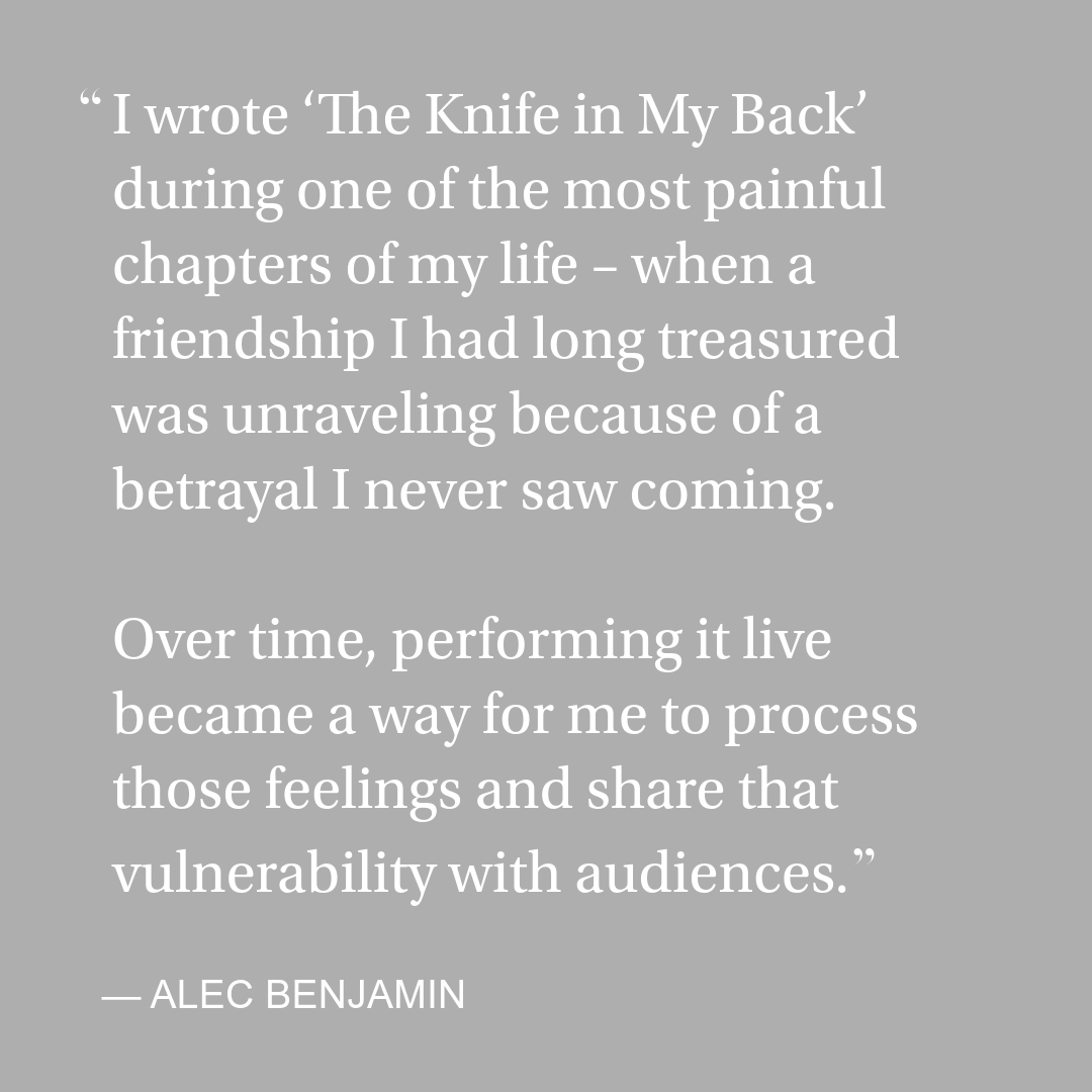 MusicWire_'s tweet photo. Multi platinum singer songwriter Alec Benjamin returns with The Knife in My Back, a long requested fan favorite, now out via Atlantic Records. The release arrives with an official lyric video and marks his first new music in nearly a year. https://t.co/tiYvJW7Vjv