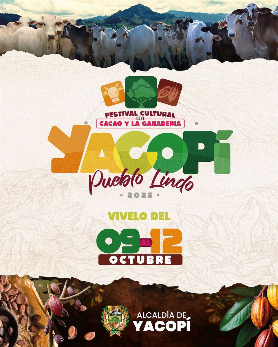 Zuced_Avanza's tweet photo. 📍Yacopí, pueblo lindo, se viste de fiesta 🎊
Del 🗓️ 09 al 12 de octubre, vive la magia del Festival Cultural del #Cacao 🥜 y la #Ganadería 🐮, un encuentro que celebra nuestras raíces, tradiciones y sabores 🥘.

¡La fiesta está lista, solo faltas tú! 🥳
🤍🧡 #AlcaldíaDeYacopí https://t.co/xyJHW1O62R