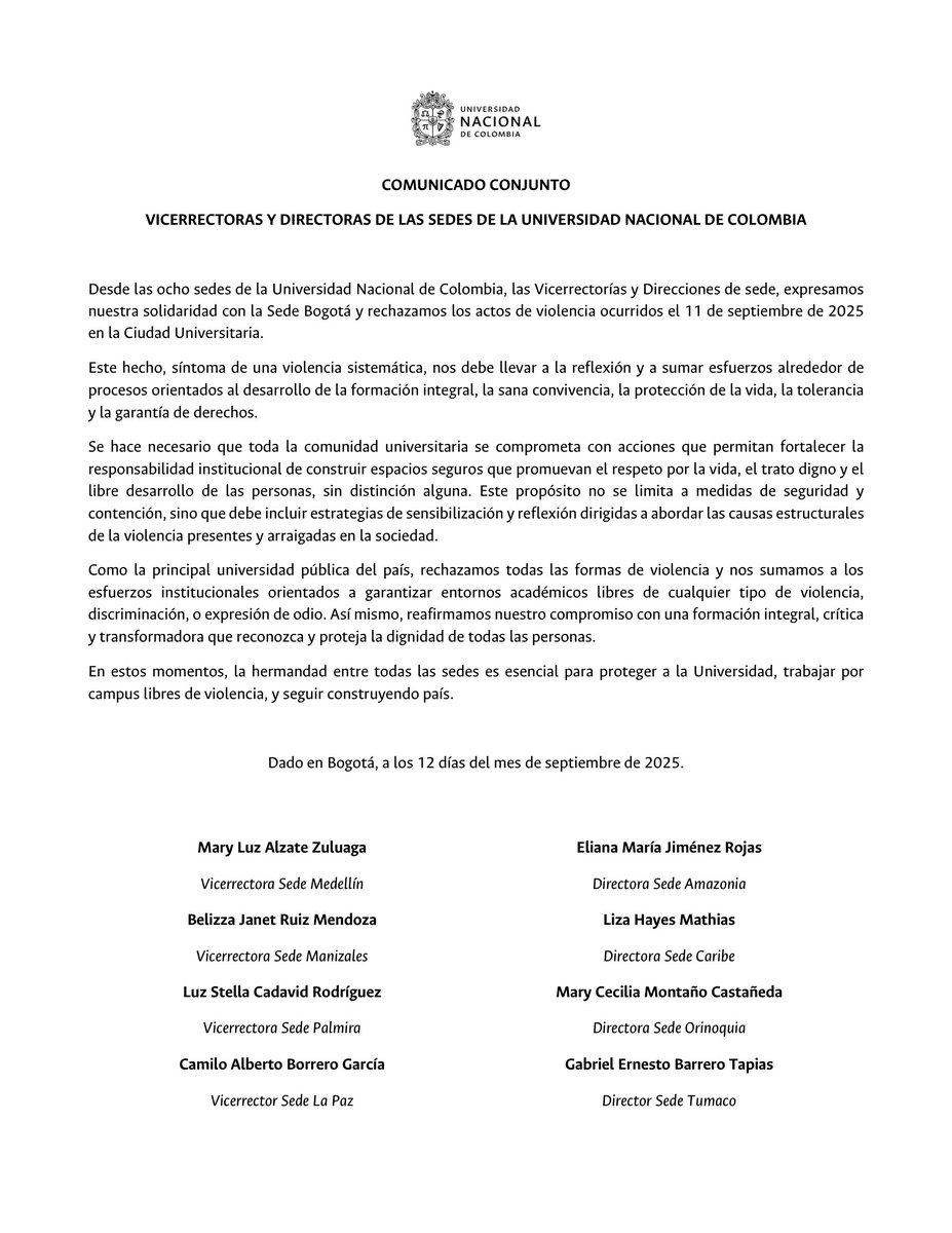 MuneraLeopoldo's tweet photo. "En estos momentos, la hermandad entre todas las sedes es esencial para proteger a la Universidad, trabajar por campus libres de violencia, y seguir construyendo país." https://t.co/0Z0ktkBZaz