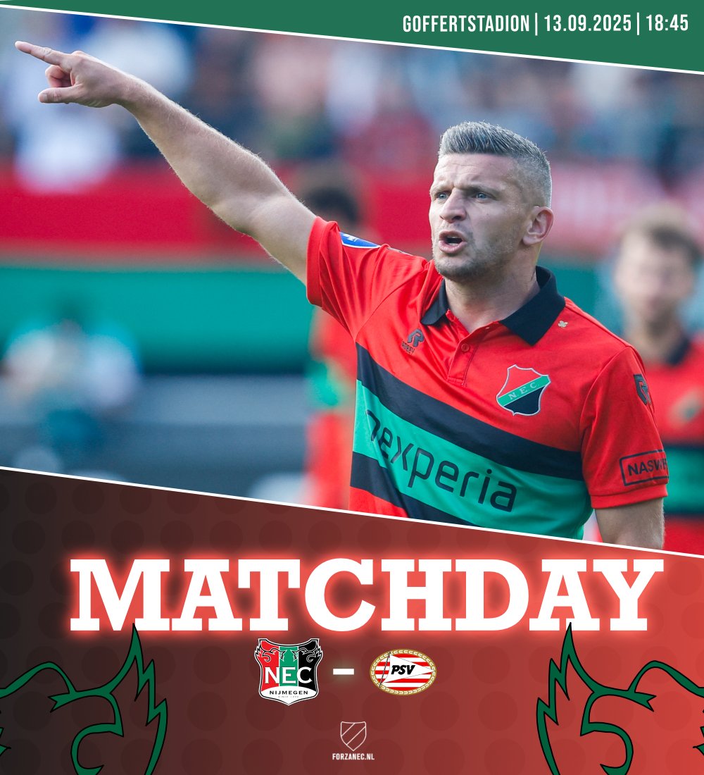 🆚💡  Een heuse kraker in De Goffert! Landskampioen PSV komt op bezoek in Nijmegen. Kan NEC net als de vorige twee keren minimaal een punt pakken tegen de Eindhovenaren? 👇

#necpsv #necnijmegen #forzanec