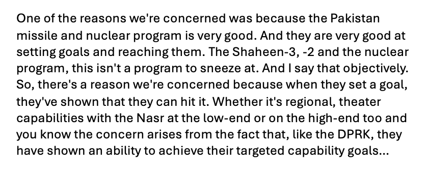 Vipin Narang, former acting secretary of defense for space (and nuclear matters) discussed US concerns about Pakistan's potential intercontinental ballistic missile program in a podcast last week. Worth listening to the whole convo (incl. points by Austin Long &amp; Pranay Vaddi).
