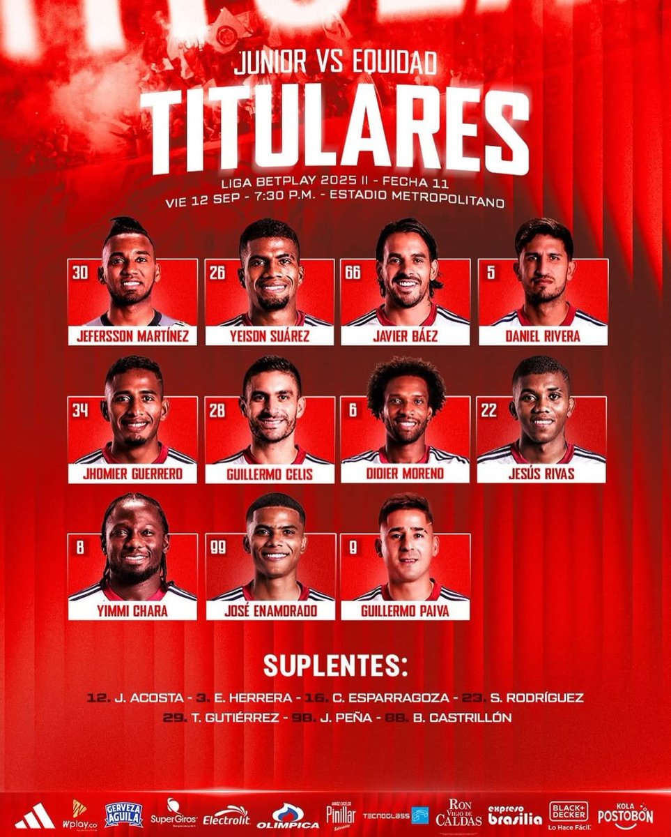 Junior presenta varios cambios en la titular para enfrentar a La Equidad en el inicio de la fecha 11 de la #LigaBetPlay

#DeporteMeridiano