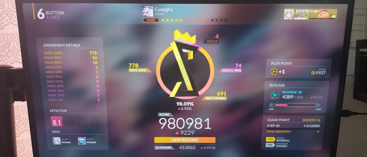 え!!!Σ(ﾟﾛﾟ!(ﾟﾍﾟ?)???まって?
Cyageha6BHD☆11 98のった😭 
繋げられなかったの悔しいけど更新嬉しい(,,&gt; &lt;,,)
 #DJMAX