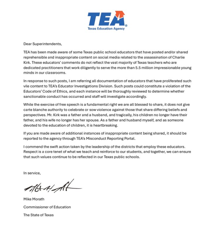 The Texas Education Agency is investigating teachers and staff who have "posted and/or shared reprehensible and inappropriate content on social media" about the assassination of Charlie Kirk.