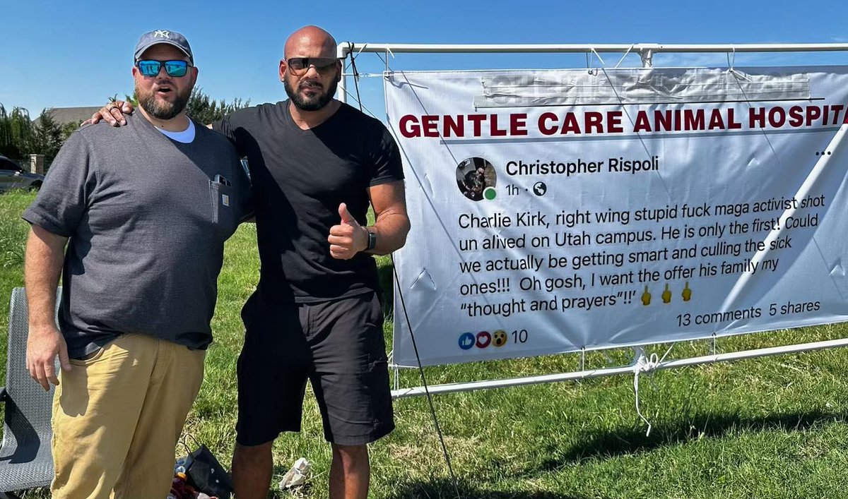 CaliGirlRedPill's tweet photo. Remember the POS  veterinarian Christopher Rispoli in Edmond OK? An OK man decided to have his comment printed on a banner and displayed it near the animal hospital for all to see! @DavidJHarrisJr  came to visit him and thank him....MORE OF THIS PLEASE! RIP @charliekirk11 https://t.co/UqOp33wdkV