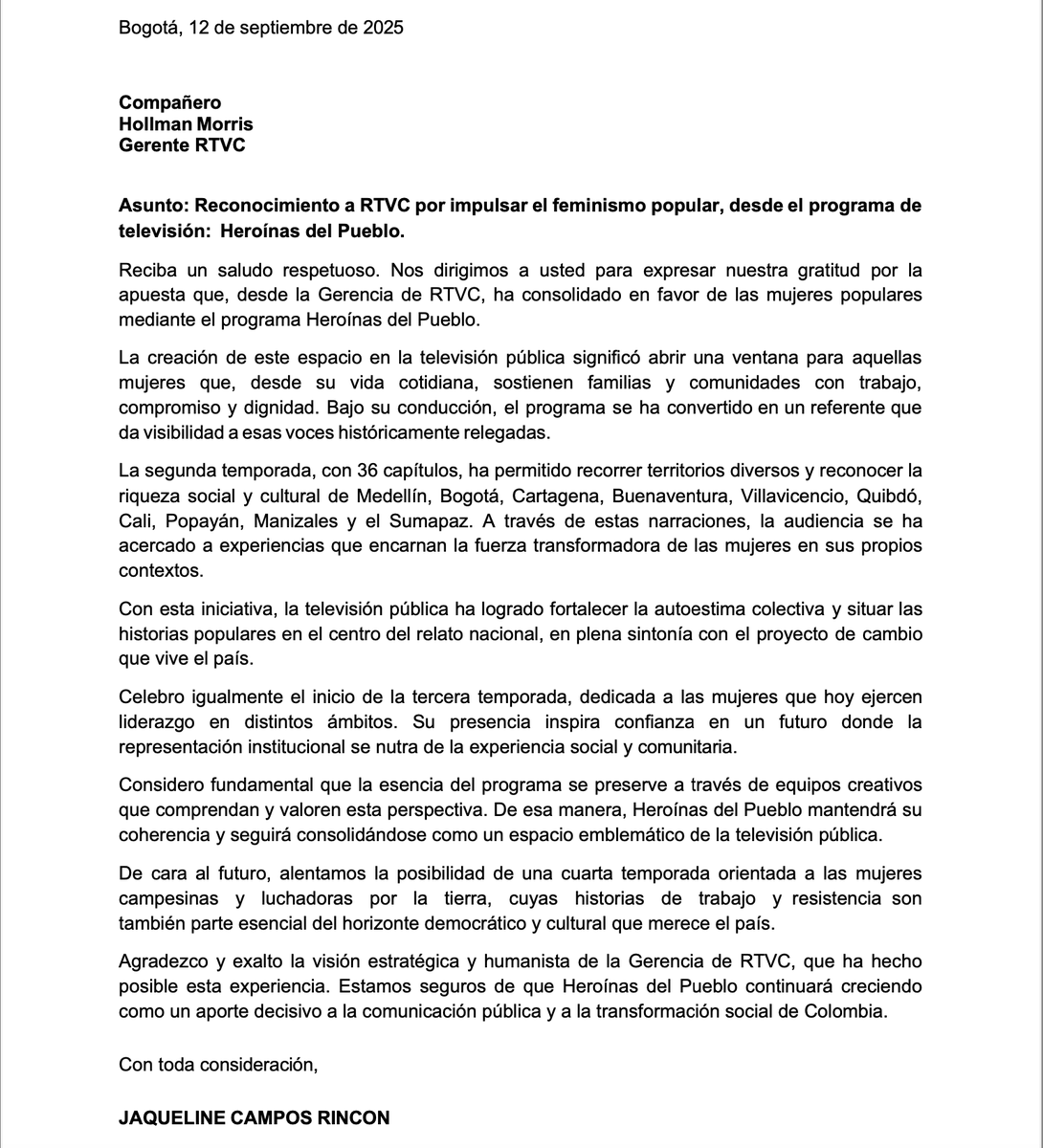 YackyCamposR's tweet photo. 🦸‍♀️✨"Heroínas del pueblo", es más que un programa, es una apuesta desde el corazón y las luchas de las mujeres populares.  Es un sueño materializado por @RTVCco Sistema de Medios Públicos, @SenalColombia, que representa  a las heroínas cotidianas que, con su esfuerzo y valentía, han contribuido al bienestar de sus territorios, resaltando el poder de lo popular en la identidad cultural de Colombia.

📢Colombia necesita sus heroínas @HOLLMANMORRIS @JuanPabloMorris @MinIgualdad_Col @petrogustavo @MafeCarrascal @Veronicalcocerg