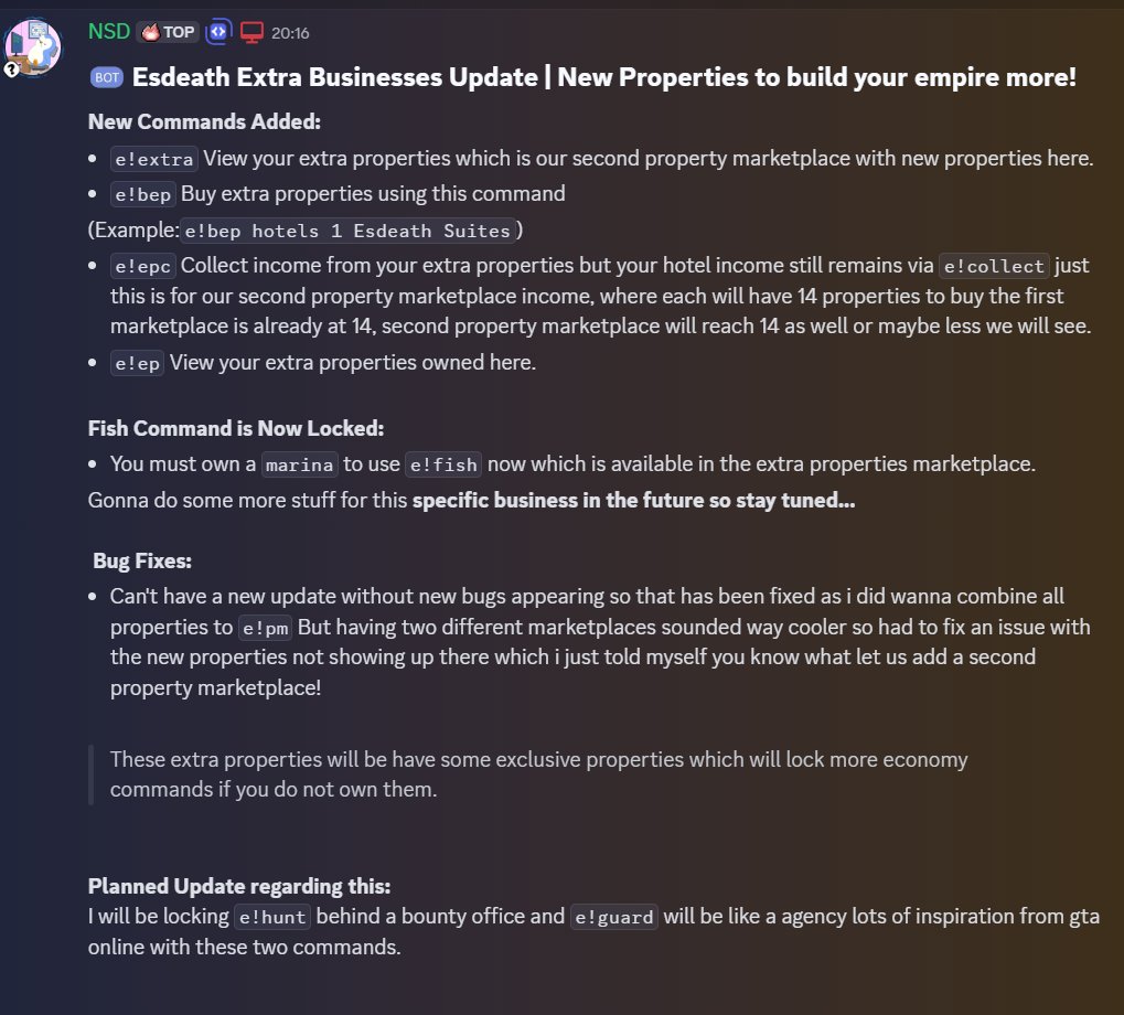 EsdeathDiscord's tweet image. New Update even a teaser for an upcoming feature is listed