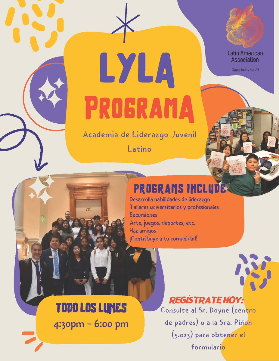 Lilburn Middle (@lilburnmiddle) on Twitter photo LYLA (Latino Youth Leadership Academy), sponsored by the <a href="/TheLAA/">Latin American Association</a> , starts Monday, Sept 15, fittingly on the first day of Hispanic Heritage Month! Leadership, workshops, trips, and fun every Monday 4:30โ6:00 pm. Sign up with Mr. Doyne or Ms. Piรฑon. LYLA (Latino Youth Leadership Academy), sponsored by the <a href="/TheLAA/">Latin American Association</a> , starts Monday, Sept 15, fittingly on the first day of Hispanic Heritage Month! Leadership, workshops, trips, and fun every Monday 4:30โ6:00 pm. Sign up with Mr. Doyne or Ms. Piรฑon.