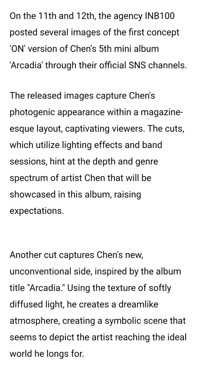 "Another cut captures Chen's new,
unconventional side, inspired by the album title "Arcadia." Using the texture of softly diffused light, he creates a dreamlike atmosphere, creating a symbolic scene that seems to depict the artist reaching the ideal world (utopia) he longs for."