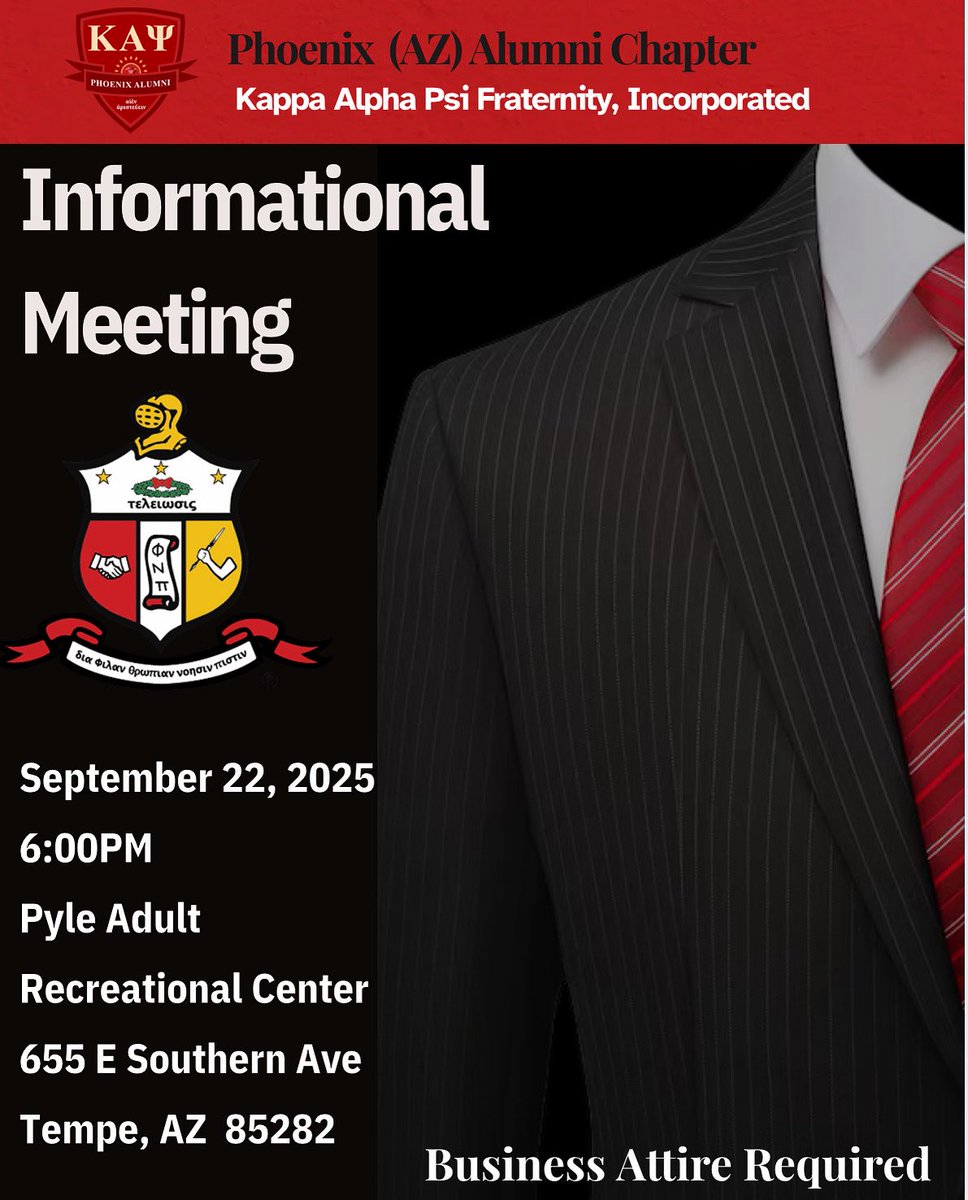 Join the Phoenix (AZ) Alumni Chapter of Kappa Alpha Psi Fraternity, Inc. for our Fall Informational. Learn more about our legacy of brotherhood, service, and achievement. September 22, 2025 • 6 PM • Tempe, AZ. Business attire required. 👌🏾♦️