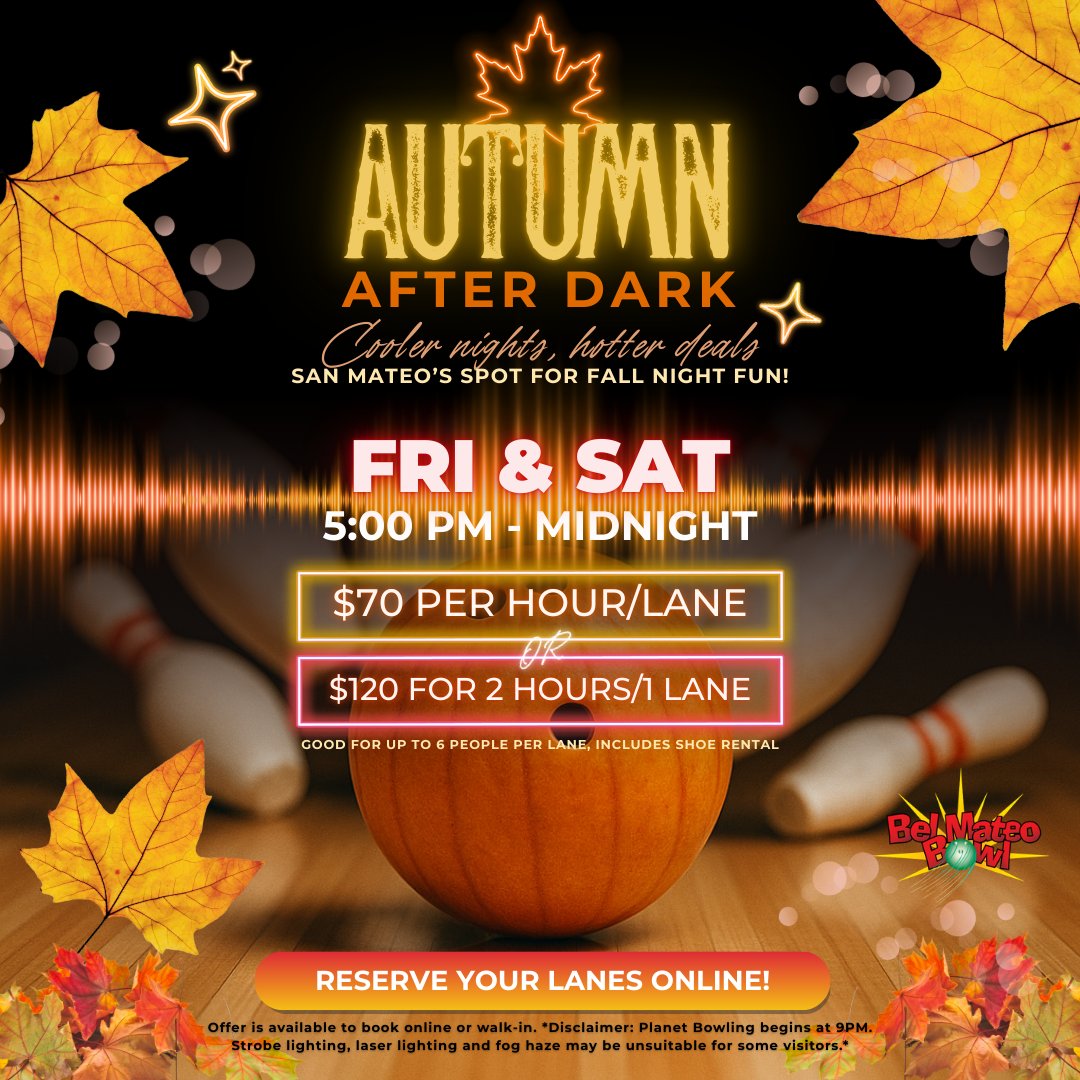 Summer’s ending, but the fun’s not! 🍂🎳

Autumn After Dark → Fri &amp; Sat nights, 5PM–Midnight.
💵 $70/hr per lane (6 ppl, shoes incl.)
Planet Bowling vibes start at 9PM Fri / 8PM Sat.
👉 Grab your crew + roll with us!
#Bowling #SanMateo #BayArea #FallFun